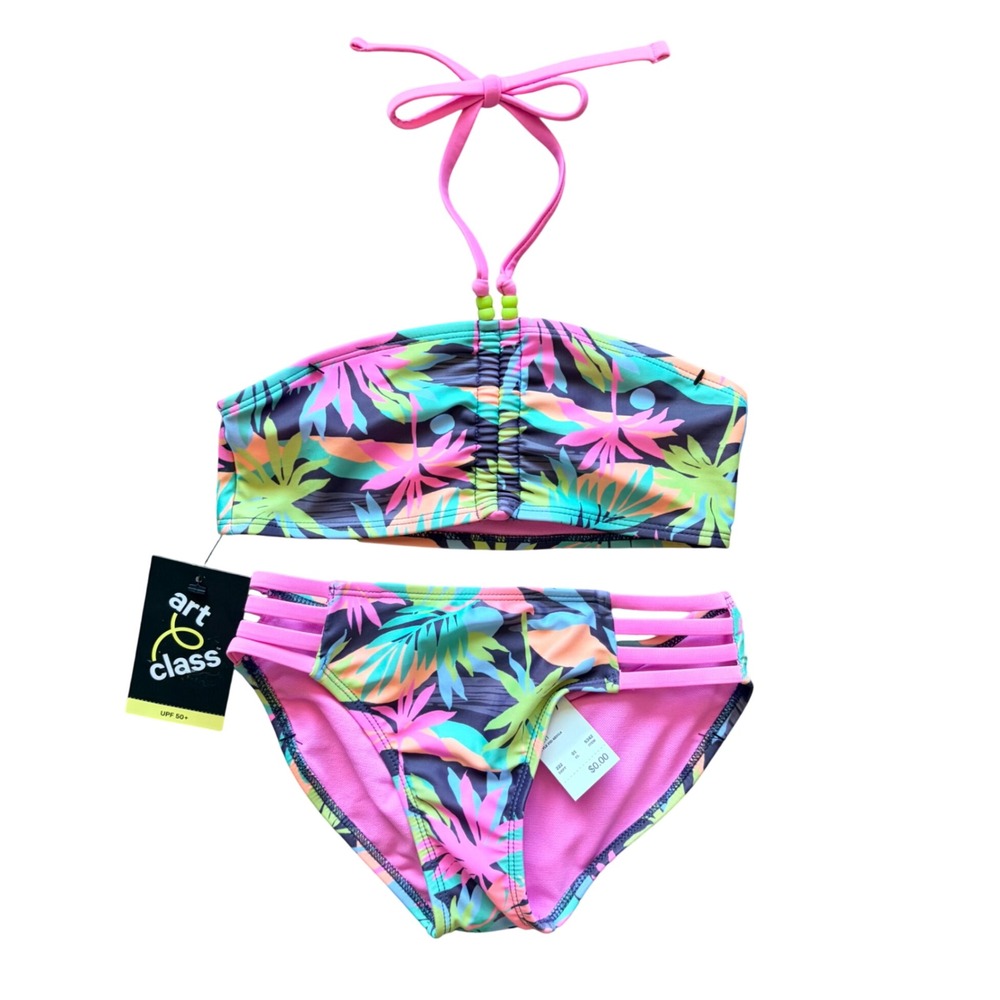Art Class Tropical Palm Strappy Bead Detail Bikini Swim Bathing Suit 6/7 NEW NWT